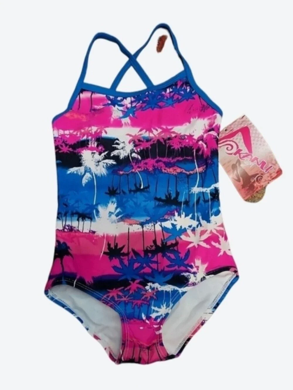 NWT Kanu Surf Kids Palm Silhouette One Piece Swimsuit - Pink and Blue
